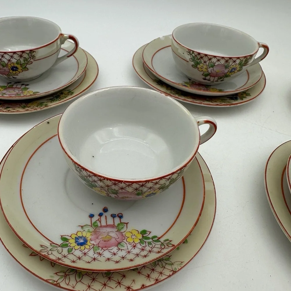 Vintage China Floral Demitasse Cup & Saucer 5 Sets Mini Red Trim Childs Tea Size